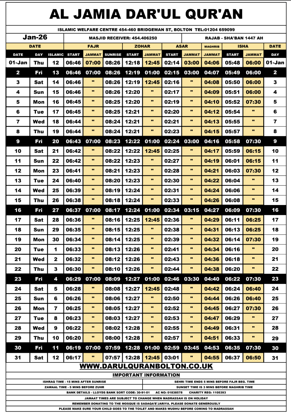 Monthly Prayer Timetable